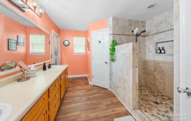 7837 Skyview Blvd, Navarre, FL 32566 - bathroom with a walk in shower, double vanity, and wood finished floors
