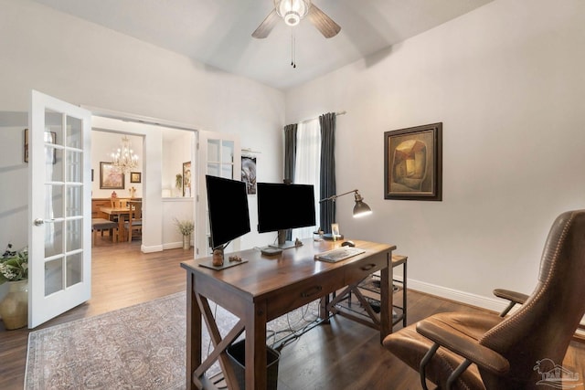 2849 Pga Blvd, Navarre, FL 32566 - office with wood finished floors, a chandelier, baseboards, and ceiling fan