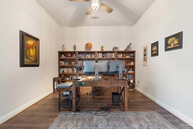 2849 Pga Blvd, Navarre, FL 32566 - office area featuring baseboards, wood finished floors, and ceiling fan