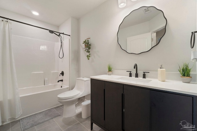 2849 Pga Blvd, Navarre, FL 32566 - bathroom featuring toilet, vanity, tile patterned flooring, and shower / bath combo with shower curtain