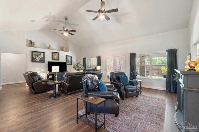 2849 Pga Blvd, Navarre, FL 32566 - living area featuring ceiling fan, high vaulted ceiling, baseboards, and dark wood-style flooring