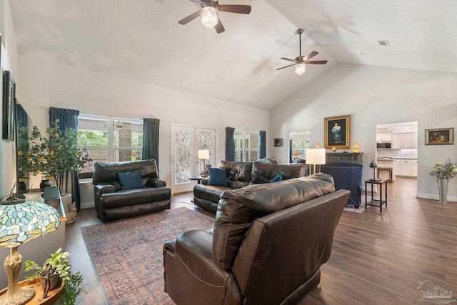 2849 Pga Blvd, Navarre, FL 32566 - living area with ceiling fan, high vaulted ceiling, wood finished floors, and baseboards