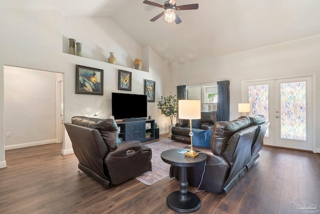 2849 Pga Blvd, Navarre, FL 32566 - living room with high vaulted ceiling, a ceiling fan, dark wood-type flooring, baseboards, and french doors