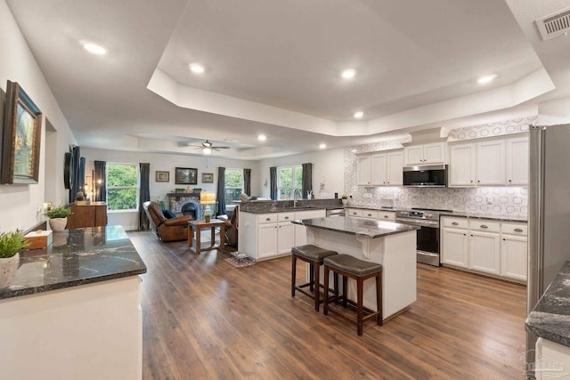 2849 Pga Blvd, Navarre, FL 32566 - kitchen featuring stainless steel appliances, a tray ceiling, open floor plan, dark wood finished floors, and recessed lighting