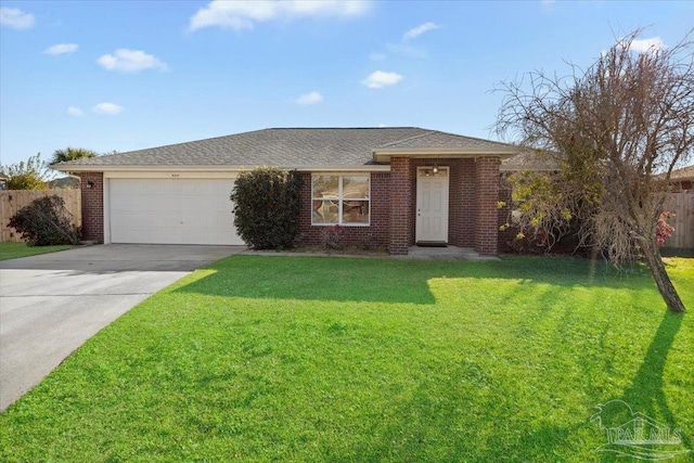 ranch-style home with a garage and a front yard