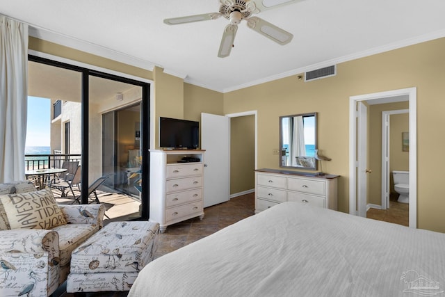 bedroom with ceiling fan, access to outside, ensuite bath, crown molding, and a water view