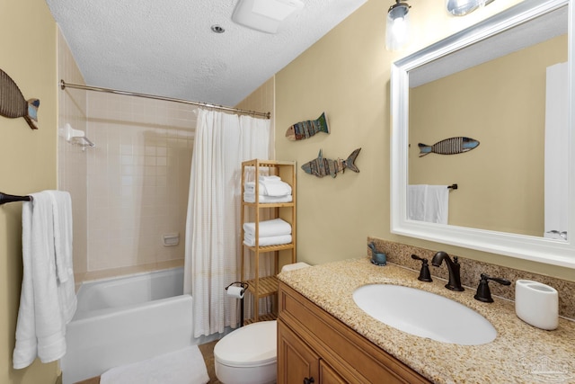 full bathroom featuring a textured ceiling, toilet, shower / tub combo, and vanity