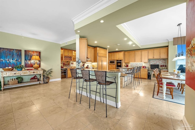 kitchen with crown molding, tasteful backsplash, decorative light fixtures, appliances with stainless steel finishes, and dark stone counters