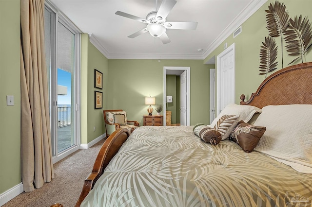 carpeted bedroom with ceiling fan, ornamental molding, and access to exterior