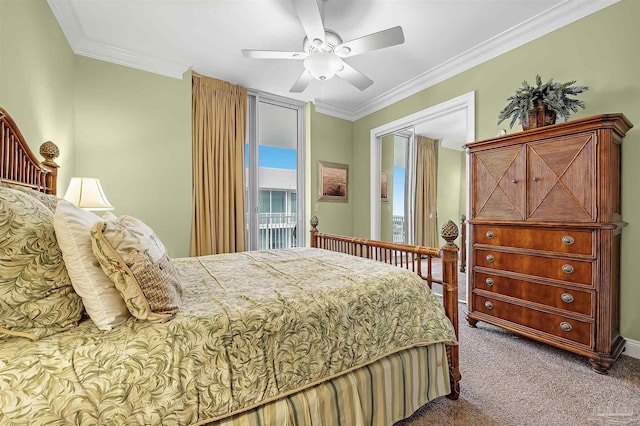 bedroom with crown molding, ceiling fan, carpet, and access to outside