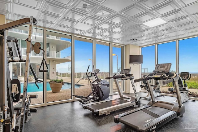 workout area featuring expansive windows