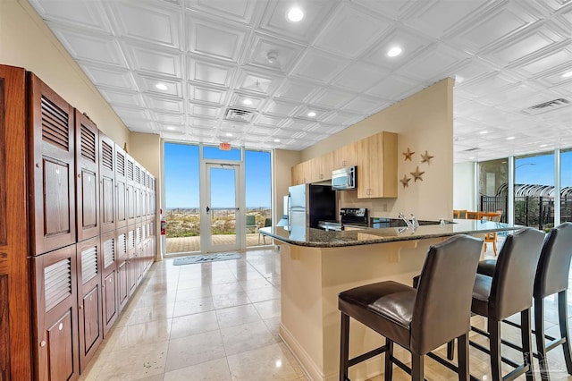kitchen with a kitchen bar, light brown cabinets, kitchen peninsula, a wall of windows, and stainless steel appliances