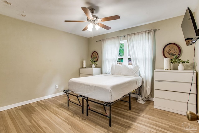 bedroom with ceiling fan and light wood-type flooring