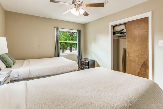 bedroom featuring ceiling fan and a closet