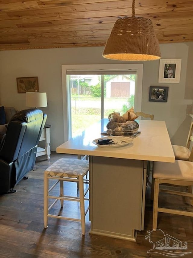 4316 Floridatown Rd, Pace, FL 32571 - dining space featuring wooden ceiling and dark wood-style flooring