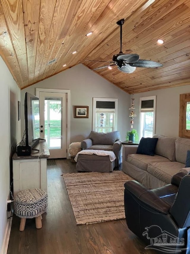 4316 Floridatown Rd, Pace, FL 32571 - living room featuring wood ceiling, ceiling fan, lofted ceiling, dark wood-type flooring, and recessed lighting