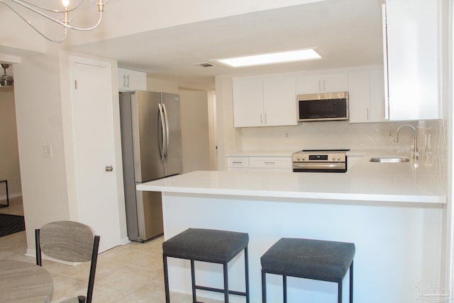 kitchen with sink, stainless steel appliances, tasteful backsplash, kitchen peninsula, and white cabinets