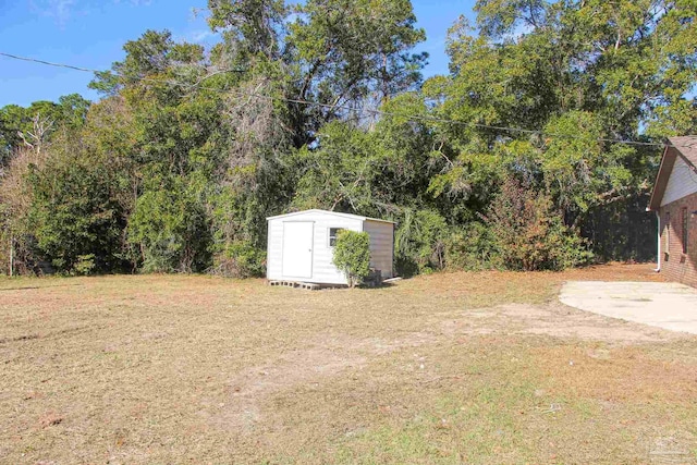 view of yard featuring a storage unit