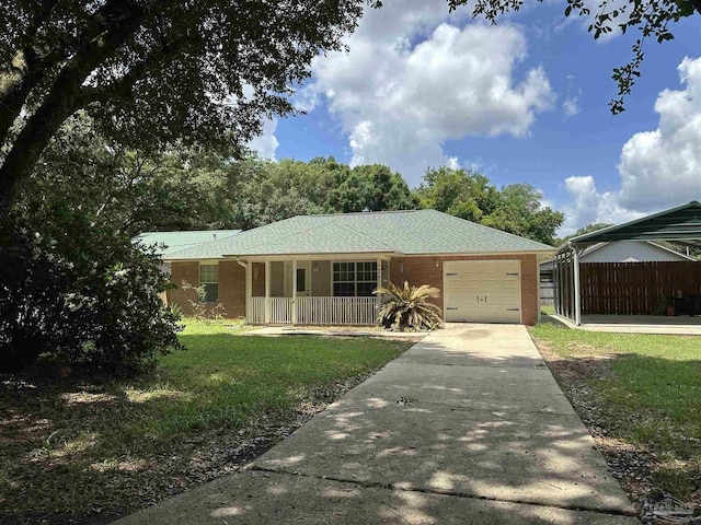 4885 Mayo Cir, Pace, FL 32571 - ranch-style house featuring a garage, brick siding, driveway, and a porch
