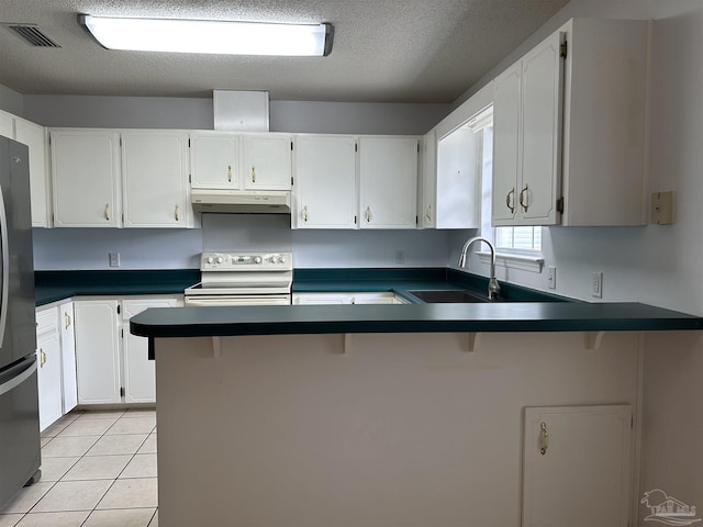 4885 Mayo Cir, Pace, FL 32571 - kitchen with under cabinet range hood, electric stove, a sink, freestanding refrigerator, and dark countertops