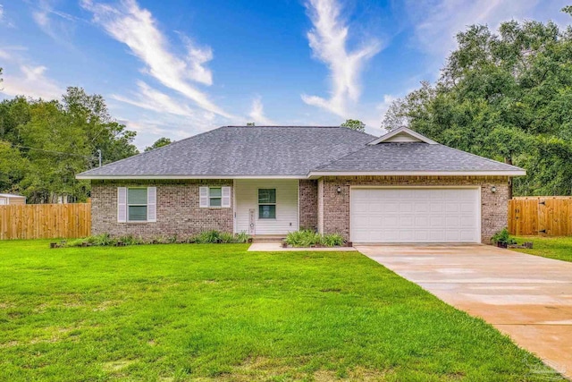 single story home with a garage and a front lawn