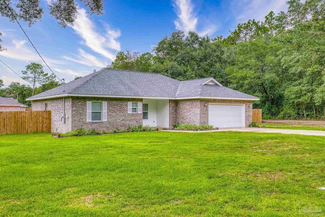 ranch-style home featuring a front lawn and a garage