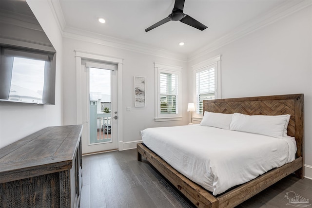 bedroom with ceiling fan, dark hardwood / wood-style flooring, crown molding, and access to exterior