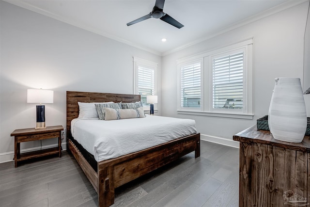 bedroom with ceiling fan, wood-type flooring, and ornamental molding