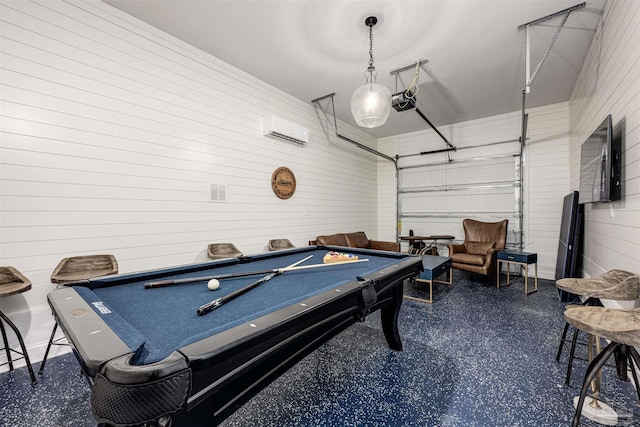 playroom with pool table and a wall mounted air conditioner