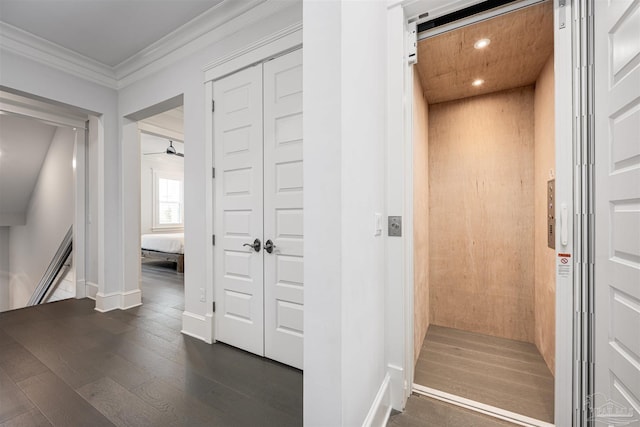 corridor featuring dark wood-type flooring, elevator, and ornamental molding