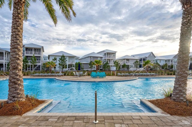 view of pool featuring pool water feature