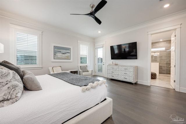 bedroom featuring ceiling fan, dark hardwood / wood-style floors, crown molding, and connected bathroom