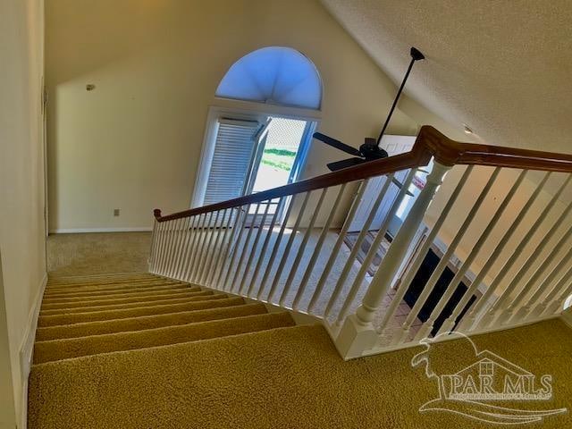 stairway featuring high vaulted ceiling, carpet, and a textured ceiling