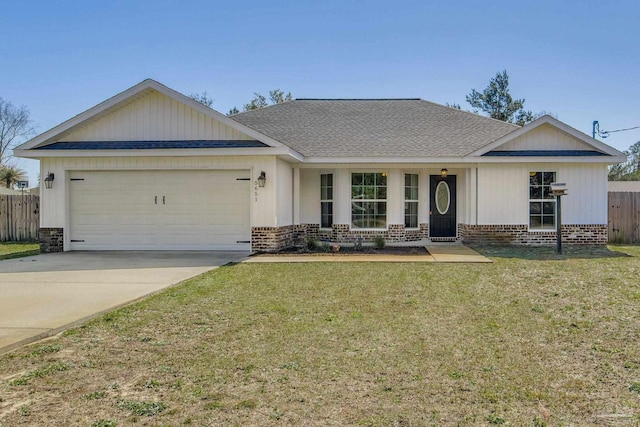 ranch-style house with an attached garage, a front lawn, concrete driveway, and brick siding