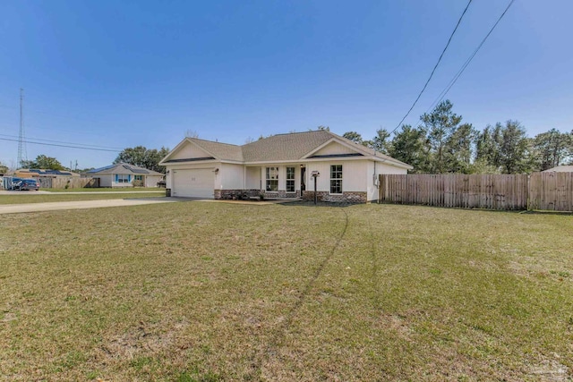 single story home with a garage, concrete driveway, a front yard, and fence