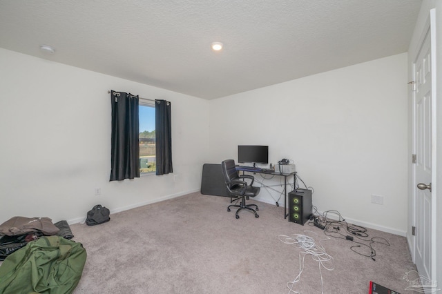 office area featuring baseboards, a textured ceiling, and light colored carpet