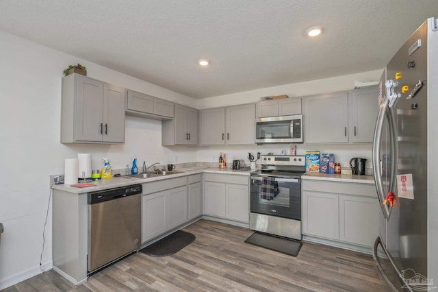 kitchen with gray cabinetry, stainless steel appliances, a sink, wood finished floors, and light countertops