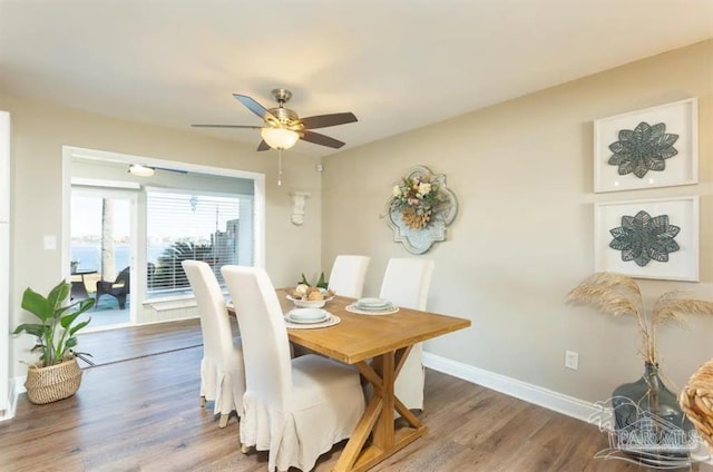 dining area featuring ceiling fan and hardwood / wood-style floors