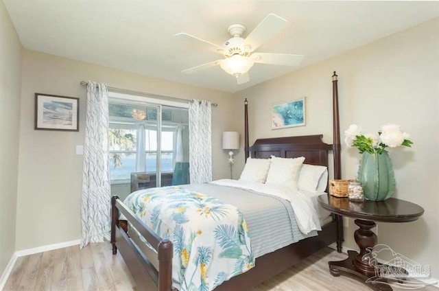 bedroom with ceiling fan and light hardwood / wood-style floors