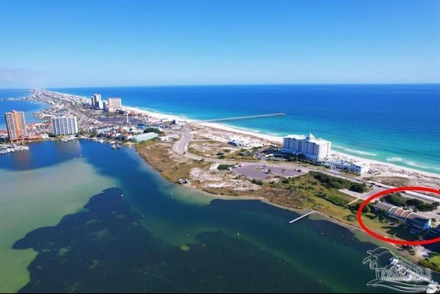 aerial view with a view of the beach and a water view