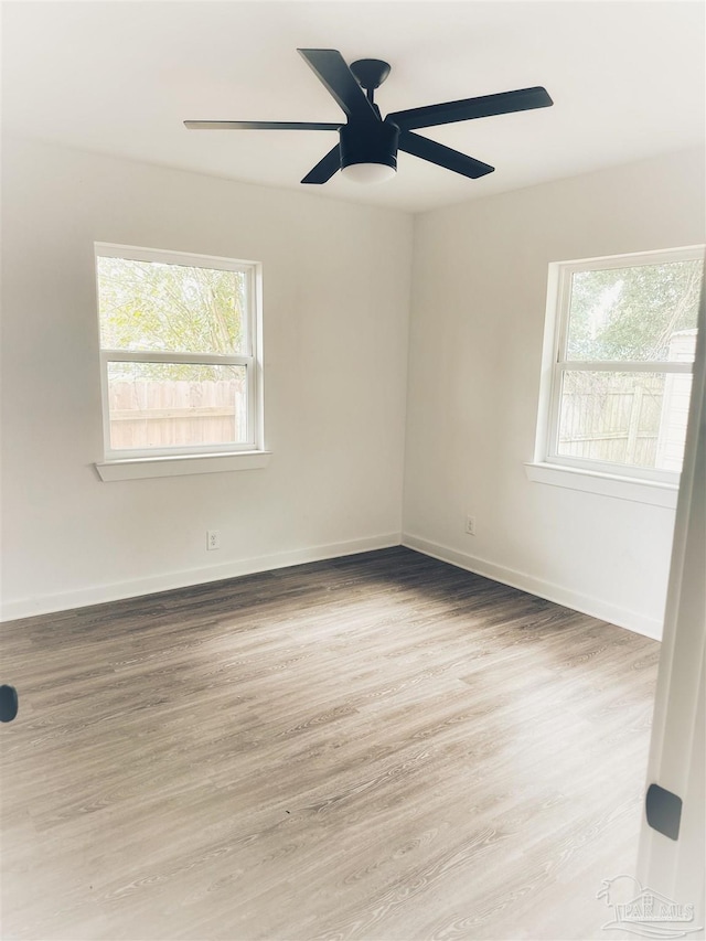 unfurnished room with light wood-type flooring and ceiling fan