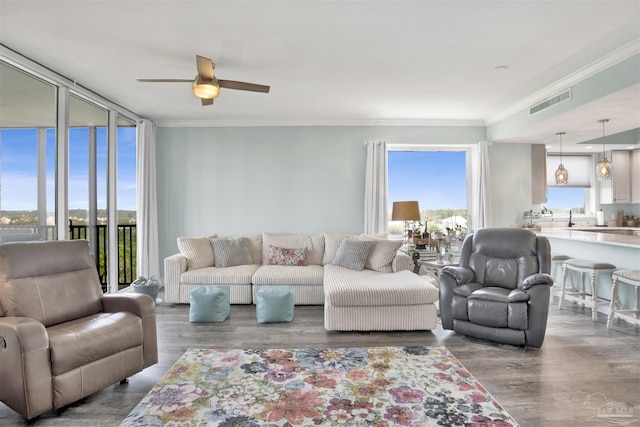 living area featuring ornamental molding, a ceiling fan, and wood finished floors