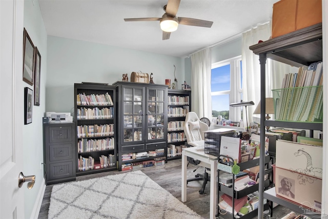 office space with ceiling fan and wood finished floors