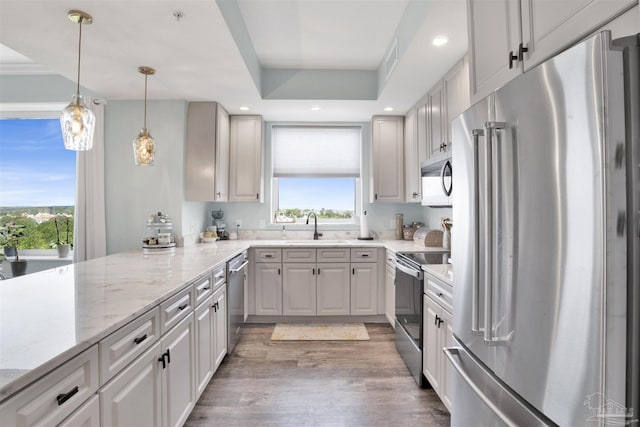 kitchen with stainless steel appliances, a sink, plenty of natural light, wood finished floors, and recessed lighting