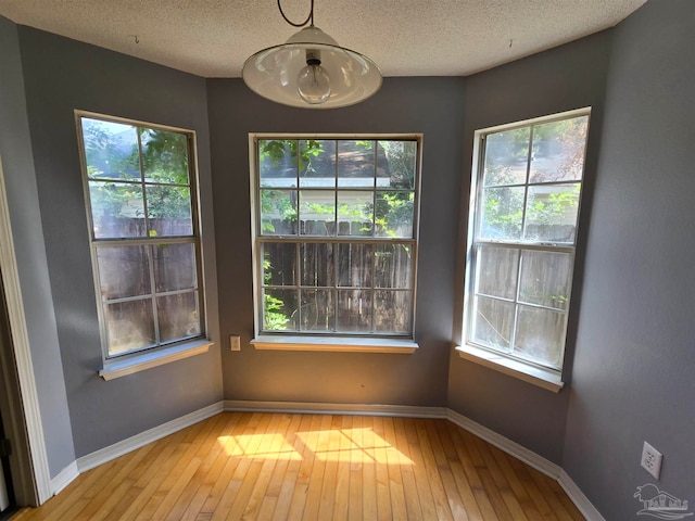 unfurnished dining area featuring light hardwood / wood-style flooring, a textured ceiling, and plenty of natural light