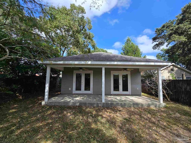 back of property featuring ceiling fan, french doors, and a patio