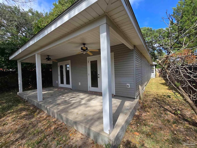 view of patio / terrace with french doors and ceiling fan