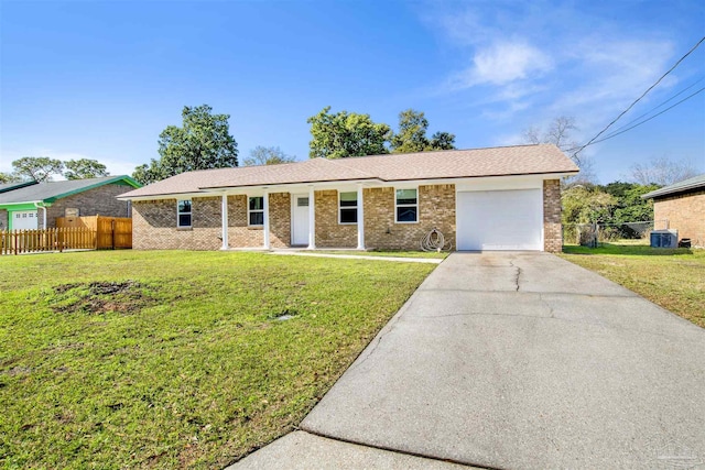 ranch-style home featuring brick siding, concrete driveway, a front yard, fence, and a garage