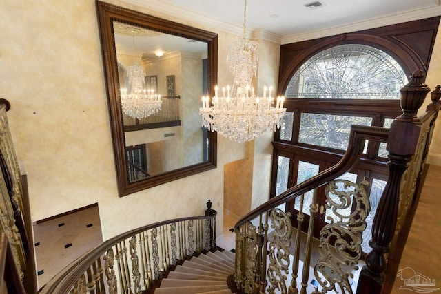 721 W Miracle Strip Pkwy, Mary Esther, FL 32569 - stairway featuring crown molding, a notable chandelier, visible vents, and a towering ceiling