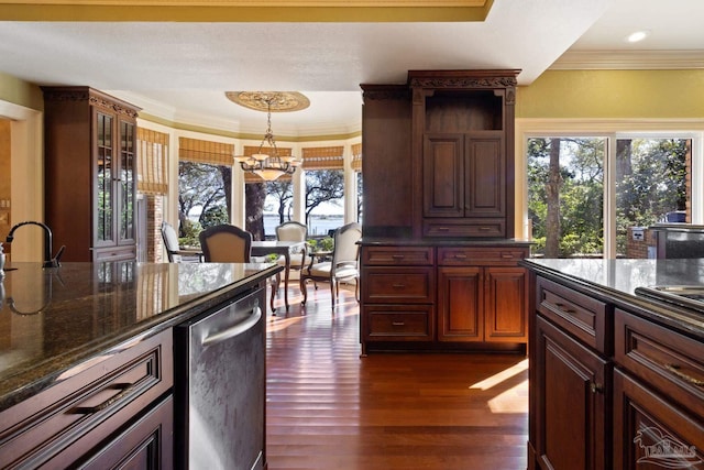 721 W Miracle Strip Pkwy, Mary Esther, FL 32569 - kitchen featuring dark wood-style floors, an inviting chandelier, ornamental molding, hanging light fixtures, and stainless steel dishwasher